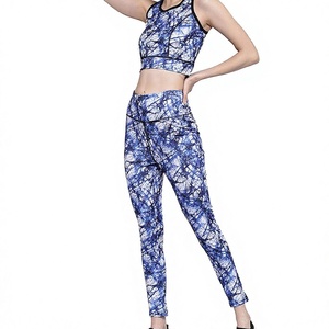 <b>Blue</b> Solid Yoga Set Mid Waist Full Length Leggings <b>Crop</b> <b>Top</b> Racerback Sleeveless Spandex/Nylon 2 Piece Customizable Workout Wear - Product Image 3