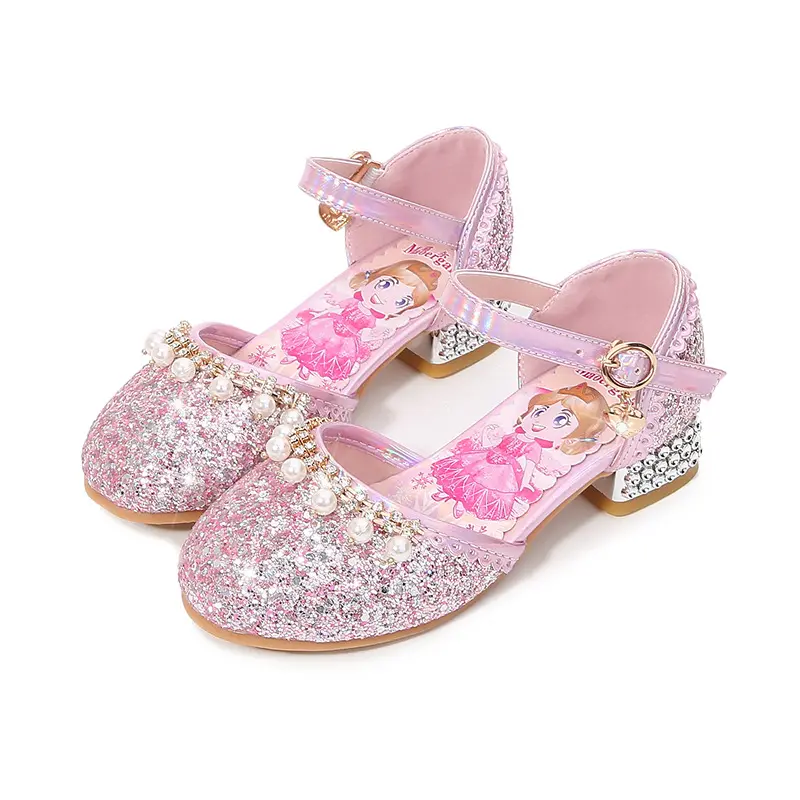 2024 Summer New Girls High Heel Sandals Children's Crystal Shoes Little Girls Princess Shoes Pearl Chain Shoes