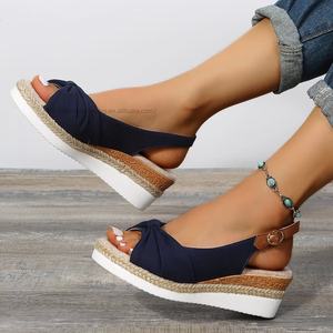 Quality Straw Woven Platform Sole Peep-toe <b>Bow</b> Ties Wedge High Heel <b>Sandals</b> for Women With Ankle - Product Image 6