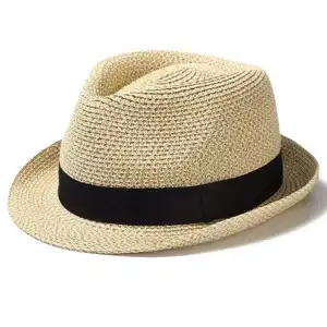 Özel baskılı şerit Logo klasik yaz UV koruma plaj hasır şapkalar Unisex Panama Fedora hasır şapka