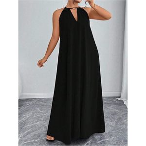 Robe longue licou grande taille pour femme, sans manches, coupe trapèze, en mousseline fluide, idéale pour les vacances d'été et les soirées - Product Image 3