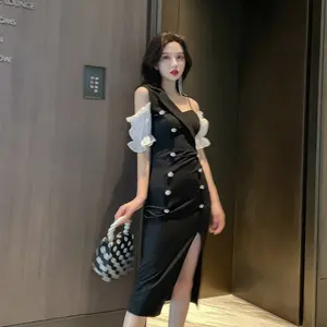 2023 कोरियाई नई हेपबर्न शैली विभाजन स्लिम पोशाक प्रोम बंद कंधे सेक्सी पोशाक शाम कपड़े के लिए महिला