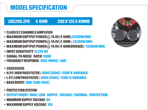 LBC200.2FD Amplificateur de voiture de classe D à 2 canaux en gros, 200W RMS X2, amplificateur numérique compact pour voiture, marine et audio extérieur - Product Image 6