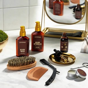 LOVERYMEN <b>Beard</b> <b>Care</b> Kit 9-Piece Set With Oil Balm Wash Detangler Brush Comb Trimmer Sandalwood Scent For Men Grooming - Product Image 4