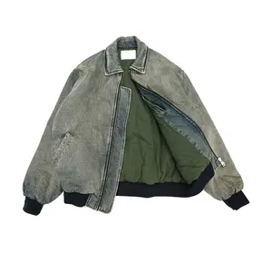Finch konfeksiyon Denim bombacı ceket Unisex yaymak yaka pamuk kapitone saten astar Zip Up Vintage yıkanmış ceket