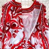 Gaun Maxi Kasual Wanita Elegan Merah Putih Bermotif A-Line Lengan Panjang untuk Pakaian Sehari-hari dan Liburan