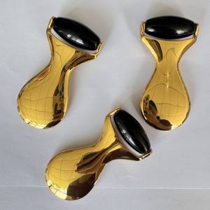 Rouleau de massage en pierre de jade avec poignée en alliage de zinc, obsidienne noire naturelle et quartz rose - Product Image 1