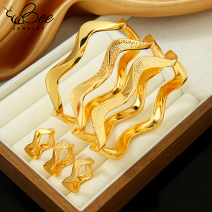 Fashion 21k Gold Plated Saudi Women Wave Cuff Bangles Dubai Arab Bridal Wedding Party Jewelry <b>Charm</b> <b>Bracelet</b> Ring Set - Product Image 1
