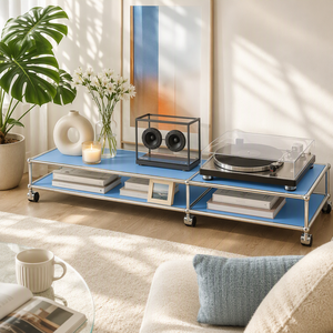 Mobile <span class=keywords><strong>TV</strong></span> Modulare Blu <span class=keywords><strong>in</strong></span> Metallo con Ruote, Supporto Multimediale Basso con Telaio Cromato, Tavolo Porta Giradischi per Soggiorno, Acciaio, Dimensioni e Colore Personalizzabili - Product Image 2