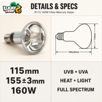 LuckyHerp JX-SL160R115CL Lampe à vapeur de mercure auto-alimentée 160W UVB/UVA, écologique, en verre rond classique pour reptiles