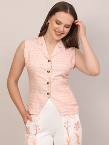 Chaleco sin mangas rosa estampado, con botones al frente, estilo casual y entallado, para mujer, de los más vendidos, para exportación. - Product Image 3