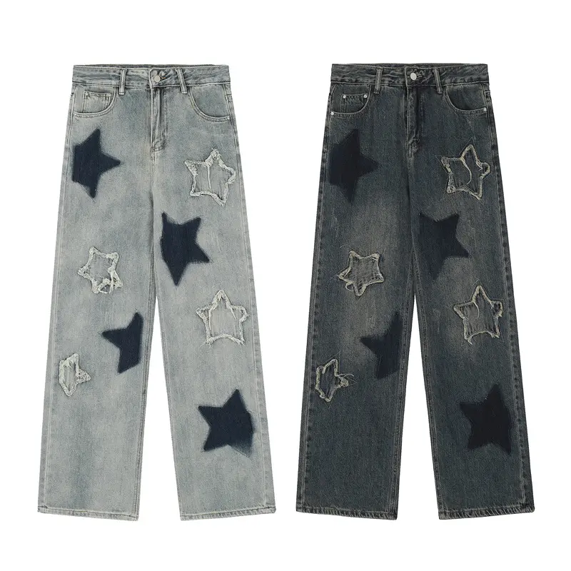 Nuevo diseño decorado con estrellas alta calidad High Street jeans azul suelto recto trapear pantalones vaqueros para hombre