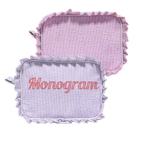 Personalized name Seersucker bag Monogrammed Embroidered Seersucker Cosmetic Bag with Flower Ruffle for Girls Women