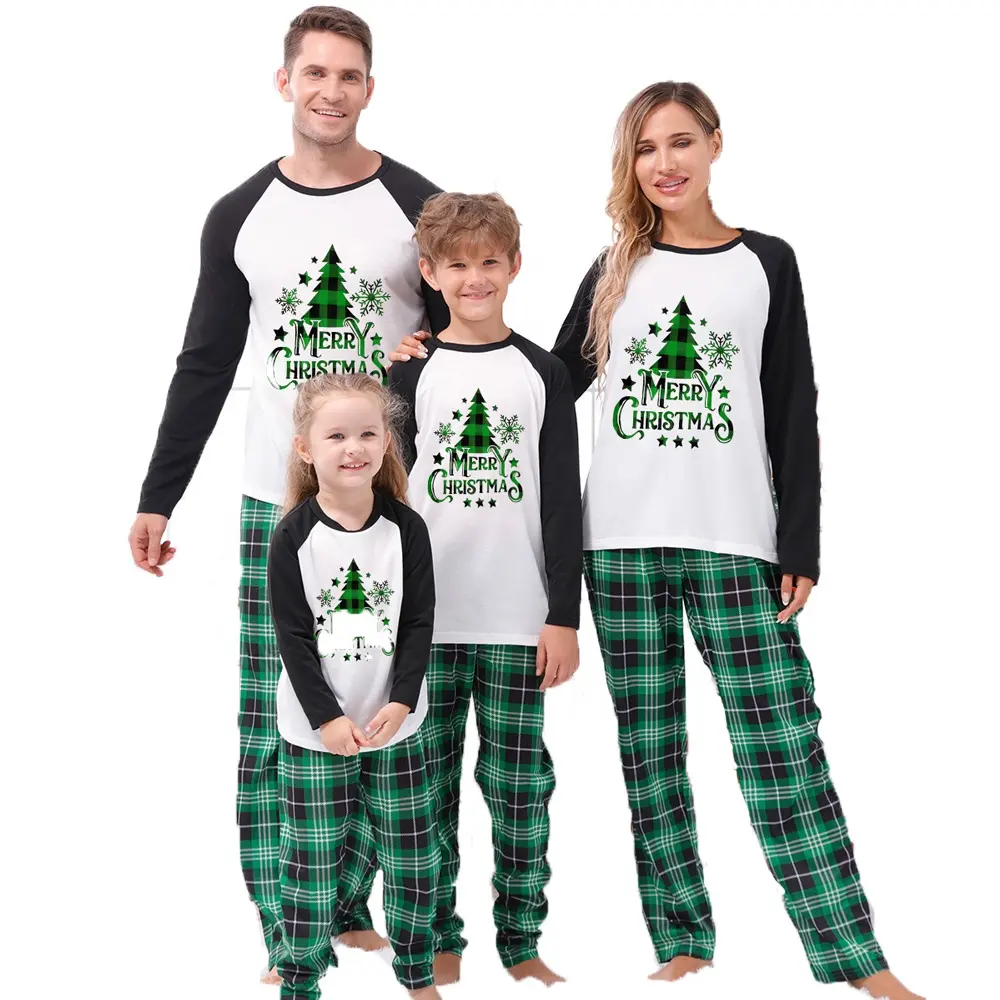 Wholesale Plaid Printing Green 100% Cotton Kid Christmas Pyjamas Set With Dog Clothes Matching Family Christmas Pajamas