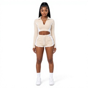 Custom Logo Women Beige Quarter <b>Zip</b> Long Sleeve Crop Top and High Waist Drawstring <b>Shorts</b> Set Long Sleeve Crop Top <b>Shorts</b> Set - Product Image 1
