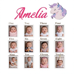 Tableau photo personnalisé en bois et acrylique avec emplacements pour 12 mois, lettres découpées au laser en relief 3D pour les étapes importantes de la première année de bébé - Product Image 6
