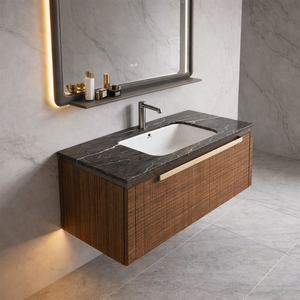 Meuble-lavabo flottant contemporain avec étagère intégrée et éclairage, meuble-lavabo de salle de bain moderne avec solution de rangement dissimulée - Product Image 4