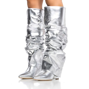 Wrinkle Botas Alto Height Increasing Wedge Heel Shoes Fashion Knee-High <b>Boots</b> for Women - Product Image 2