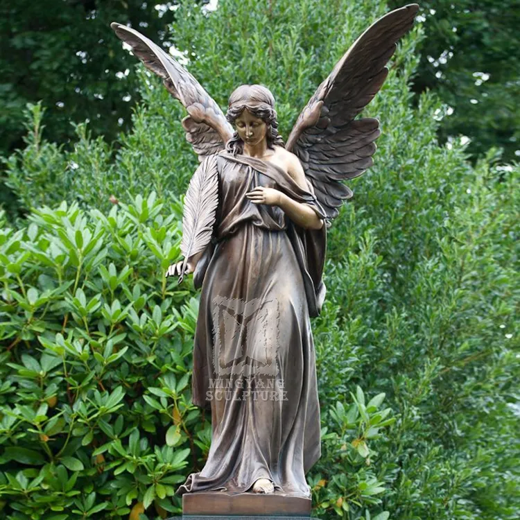 Begraafplaats Art Brons Angel Standbeeld Monument Gegoten Koperen Gevleugelde Meisje Aartsengel Sculptuur Met Palm Tak