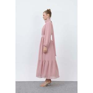 Robe midi élégante Puane pour femme, col montant drapé, manches longues, douce, respirante, rose poudré, jupe volumineuse pour occasions spéciales - Product Image 3