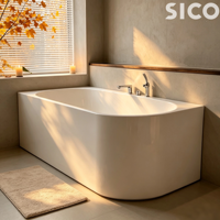 Baignoire autoportante en acrylique blanc brillant, gain de place, baignoire d'angle contre le mur