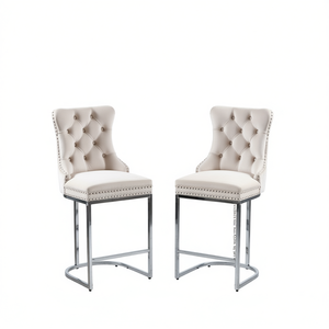 Ensemble de 2 tabourets de bar modernes en velours, dossier boutonné, base chromée, pour îlot de cuisine style farmhouse - Product Image 1