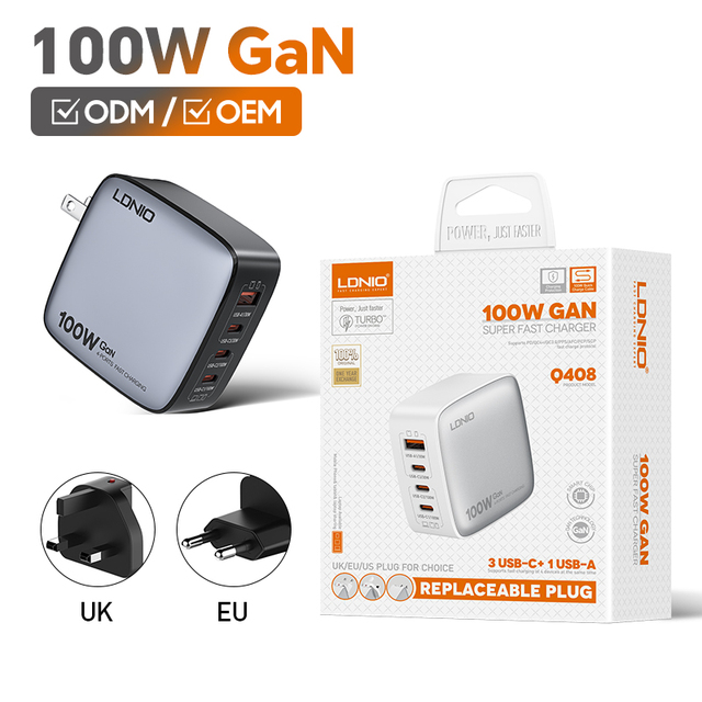 LDNIO Q408 100W GaN Charger PD Fast Charging Power Adapter GaN Charge 100W Usb c Charger CE FCC RoHS CB Certified Charger