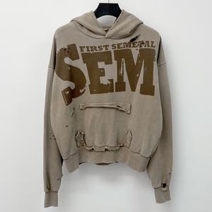 Sudadera con capucha personalizada con efecto desgastado, estilo streetwear, hombros caídos, lavado ácido, corte holgado, para hombre, de algodón grueso. - Product Image 3