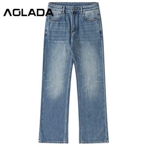 جينز مغسول مخصص للرجال بالجملة، جينز واسع الساق بقصة فضفاضة وحواف خام، بتصميم هيب هوب وستريت وير، بلون أزرق داكن باهت بالشمس، مستقيم وواسع الساقين. - Product Image 1