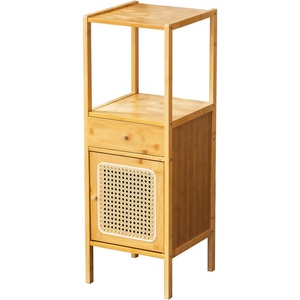Natural Bamboo <strong>Tall</strong> <strong>Narrow</strong> Storage Cabinet with Rattan Door <strong>Drawer</strong> &amp; Open Top Shelf for Living Room Bathroom Bedroom - Product Image 1
