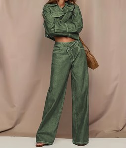 Jeans Verdes de Mujer, Estilo Urbano, para Verano y Otoño, Elásticos, de Pierna Ancha, Corte Recto, Lavados, con Cinturón, Bolsillos y Cintura Alta - Product Image 6