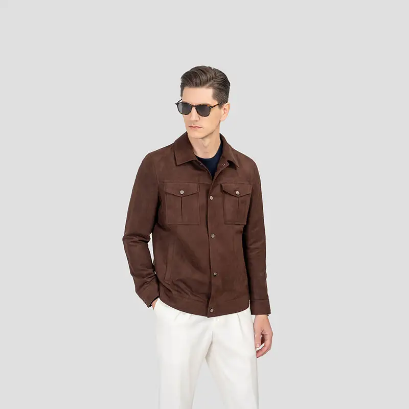 MTM-Veste Safari en lin marron foncé pour hommes, col rabattu, tenue de chasse décontractée d'automne, avec poche, simple boutonnage, teinte unie