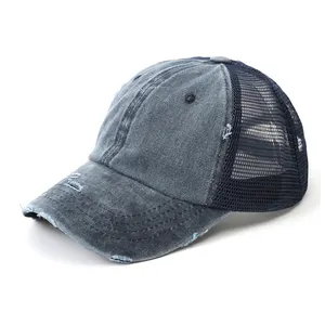 Venta al por mayor Vintage Denim Ripped Ponytail sombreros de algodón lavado ajustable Gorras en blanco personalizado bordado Logo sombrero de camionero