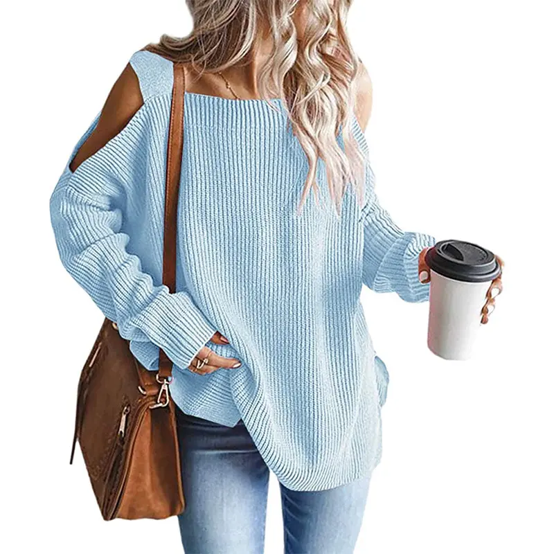 2023 Custom Autumn Blue Tops Winter Clothes Sling Long-sleeve Off-shoulder Casual Pullover Knitted Loose Plus Size Sweater Women