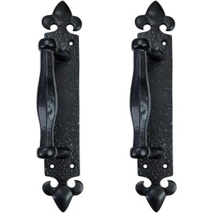 Poignée de porte d'entrée traditionnelle en fer noir avec plaque de tirage, motif Fleur de Lys, installation facile, ambidextre, Coshik Exports - Product Image 1