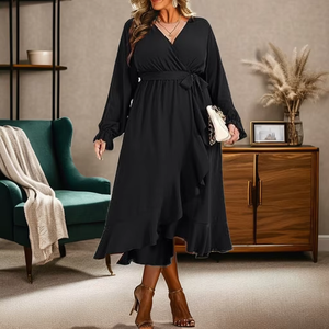 Venta al por mayor de gran tamaño de las mujeres Midi vestido negro sólido patrón alto bajo Streetwear volantes fajas decoración hecha sostenible Spandex - Product Image 1