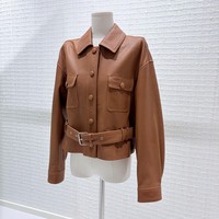 Blouson en cuir de mouton orange pour femme, simple boutonnage, avec ceinture et poches poitrine, coupe-vent et imperméable, idéal pour le quotidien – Collection Factory Outlet