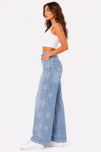 Jean en denim taille haute à jambe large avec broderie étoile, coupe ample, longueur intégrale, en coton délavé, style décontracté - Product Image 3