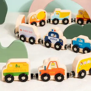 Montessori Educational Toy Cars 11pc Wooden Magnetic Train Track Set With Animal And Digital Car Designs For Toddlers