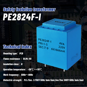 Transformador de Bajo Ruido con Aislamiento de Clase B Sellado con Epoxi YHDC PE2824F-I, Montaje en PCB, 4VA, 110/220/230/380V CA, Certificado UL94-V0 CE/RoHS - Product Image 2
