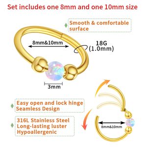 Anneau de septum articulé en acier inoxydable avec perle d'opale synthétique |   Anneau de piercing nasal hypoallergénique disponible en tailles 8 mm et 10 mm - Product Image 5