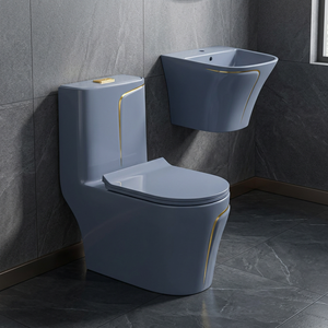 Toilette de luxe en céramique marbrée dorée pour WC, commode de salle de bain une pièce avec lavabo à main, évier, ensemble d'articles sanitaires - Product Image 3