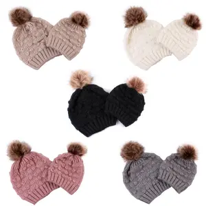AMAZON New Wool Ball mom kids Knitted Hats warm soft Cotton parent-child hooded hat mommy Butterfly hair ball beanie