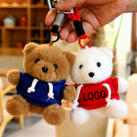Porte-clés ours en peluche moelleux avec logo personnalisé OEM, ours en peluche avec capuche et logo imprimé sur mesure, breloque de sac, cadeau souvenir d'entreprise