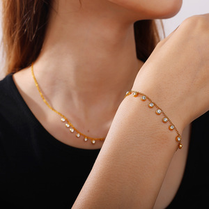 French Inspired Diamond <b>Bracelet</b> And Necklace <b>Set</b> 18K Gold Plated Stainless Steel Women's Jewelry Everyday Wear - Product Image 1