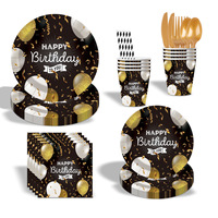 Ensemble de fournitures pour fête d'anniversaire noir et or, décorations de fête d'anniversaire, assiettes en papier, gobelets, serviettes, fourchettes, cuillères, pailles, kit de vaisselle