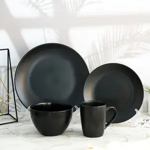 16 pcs France Ceramic Plates Dinnerware Sets Black Stoneware Dinner Sets