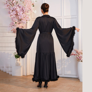 Damen 2-teiliges Satin-Nachtwäsche-Set mit Federbesatz, langer Robe, V-Ausschnitt, Spitzen-Cami-Kleid mit Taillengürtel, 2 Farben, S-L - Product Image 3