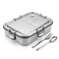 Boîte à lunch bento personnalisée en acier inoxydable 304, 3 compartiments, anti-fuite, sans BPA, avec couvercle en plastique et couverts pour le bureau et l'école