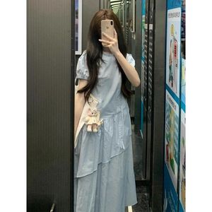French Style Blue Dress For Women Crew Neck Natural Waist Splicing Breathable Daily Casual Long Dress - Product Image 1